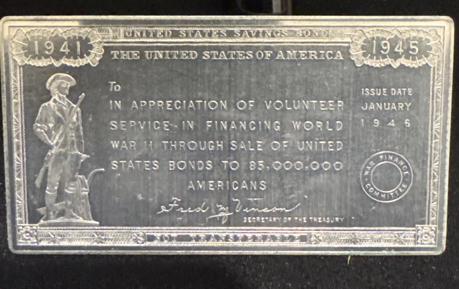 Vintage US Saving Bond Appreciation Aluminum Plaquette 1941-1945 WWII Minuteman