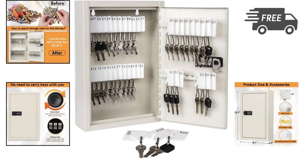 Key Storage Lock Box with Combination Lock Wall Mount for 40 Keys White