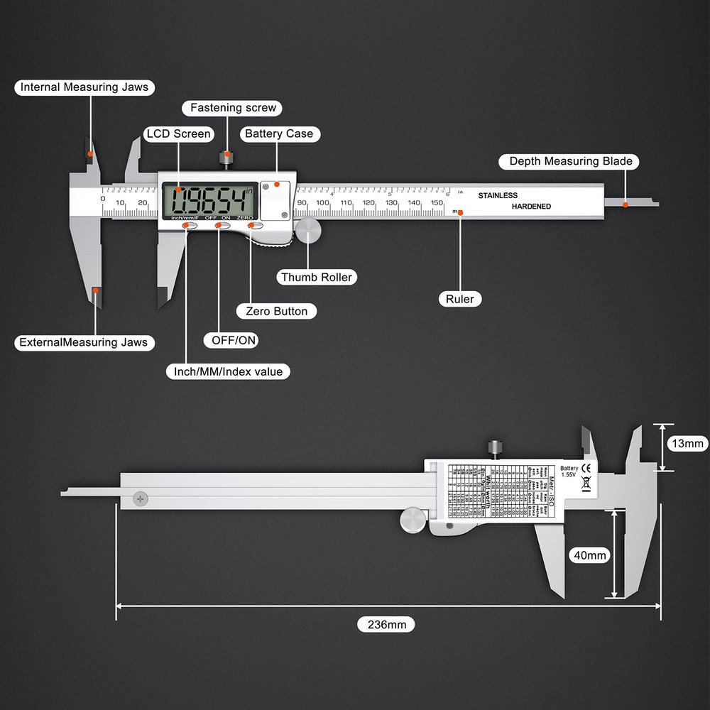 Digital Calipers, Caliper Measuring Tool with Large LCD Screen, Stainless Ste...