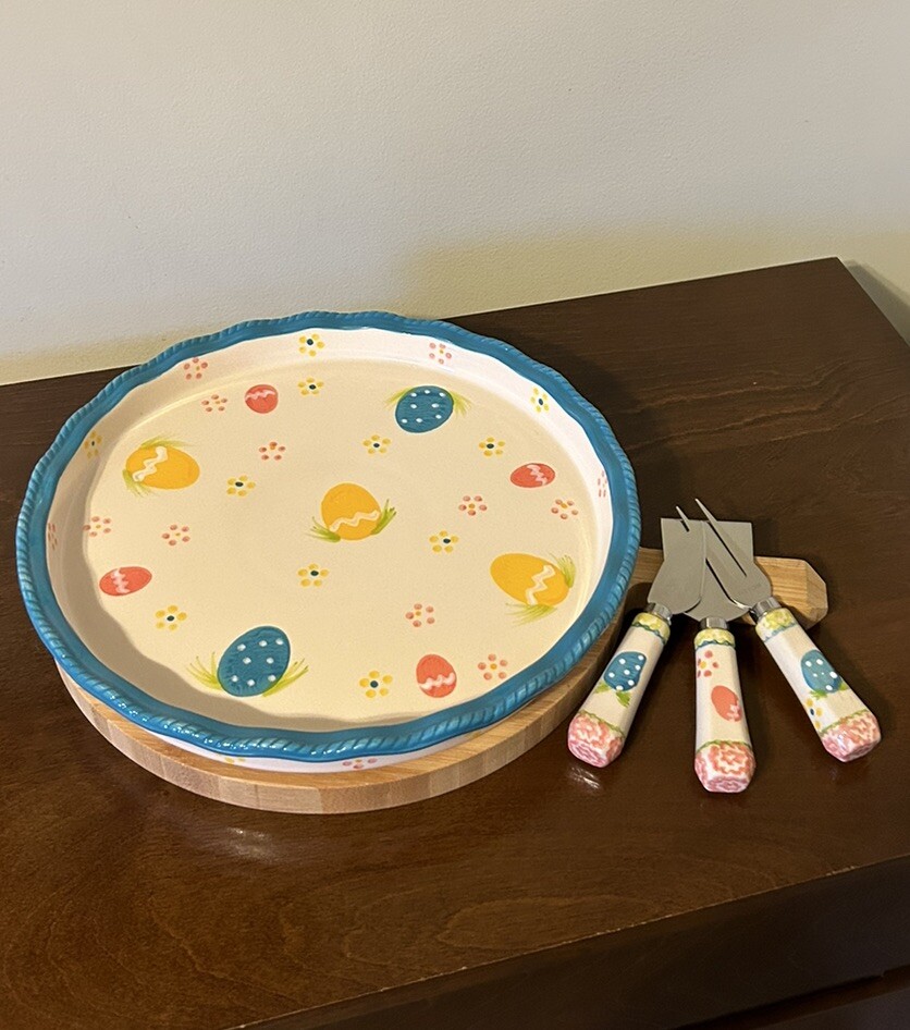 Temptations Tara 12” Easter Egg Hunt Platter Utensils Wooden Serving Paddle EUC