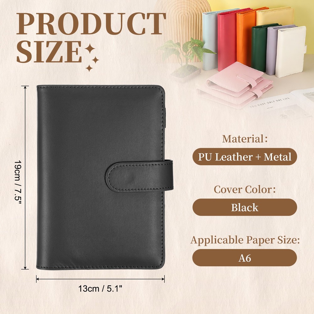 A6 PU Leather Binder Protector, 6 Ring Loose Leaf Notebook Shell, Black