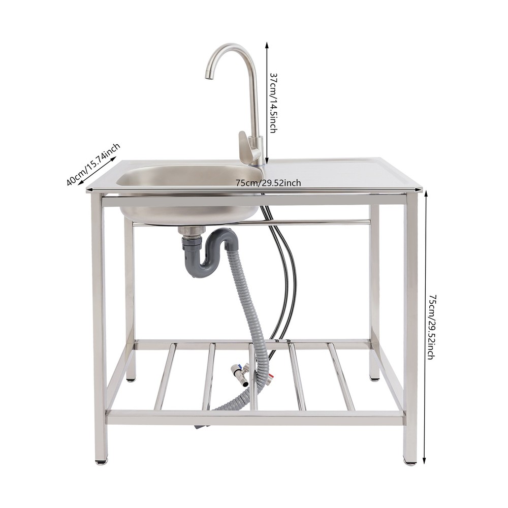 Stainless Steel Kitchen Sink Single Compartment Prep Table Freestanding Laundry