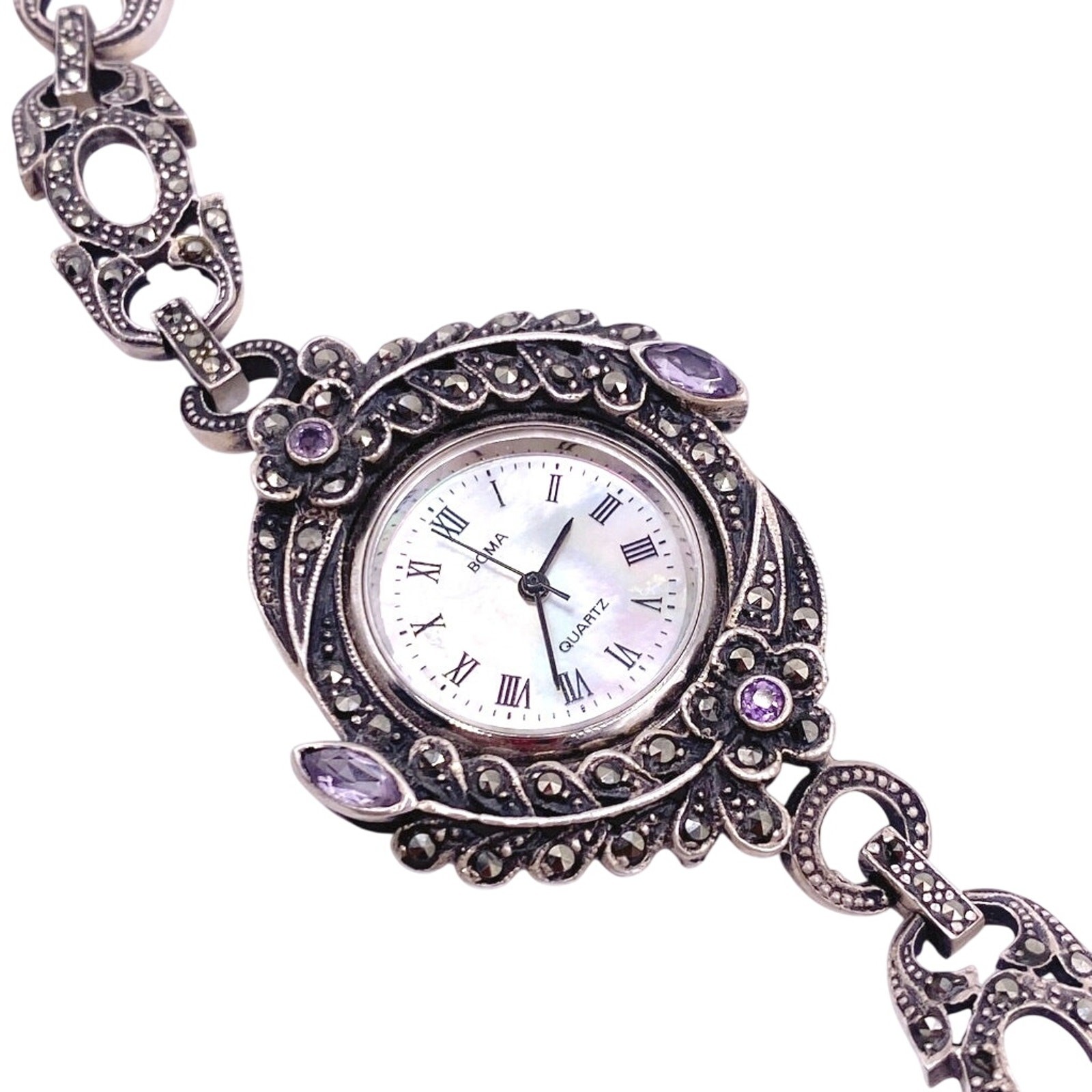 Boma Vintage Sterling Silver With Marcasite And Amethyst Watch 7”