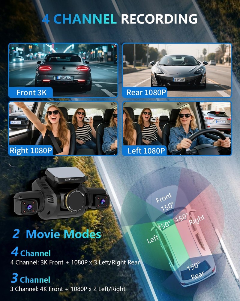 Dash Cam 4 Channel Front and Rear Inside, 360° Car Camera 4K UHD, Dash Camera...