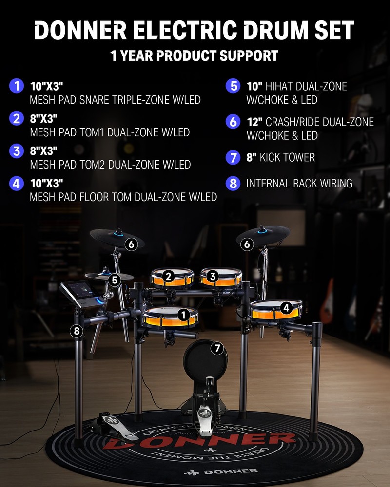 Donner BackBeat Electronic Drum Kit with Touchscreen Customize Drum Pad Colors