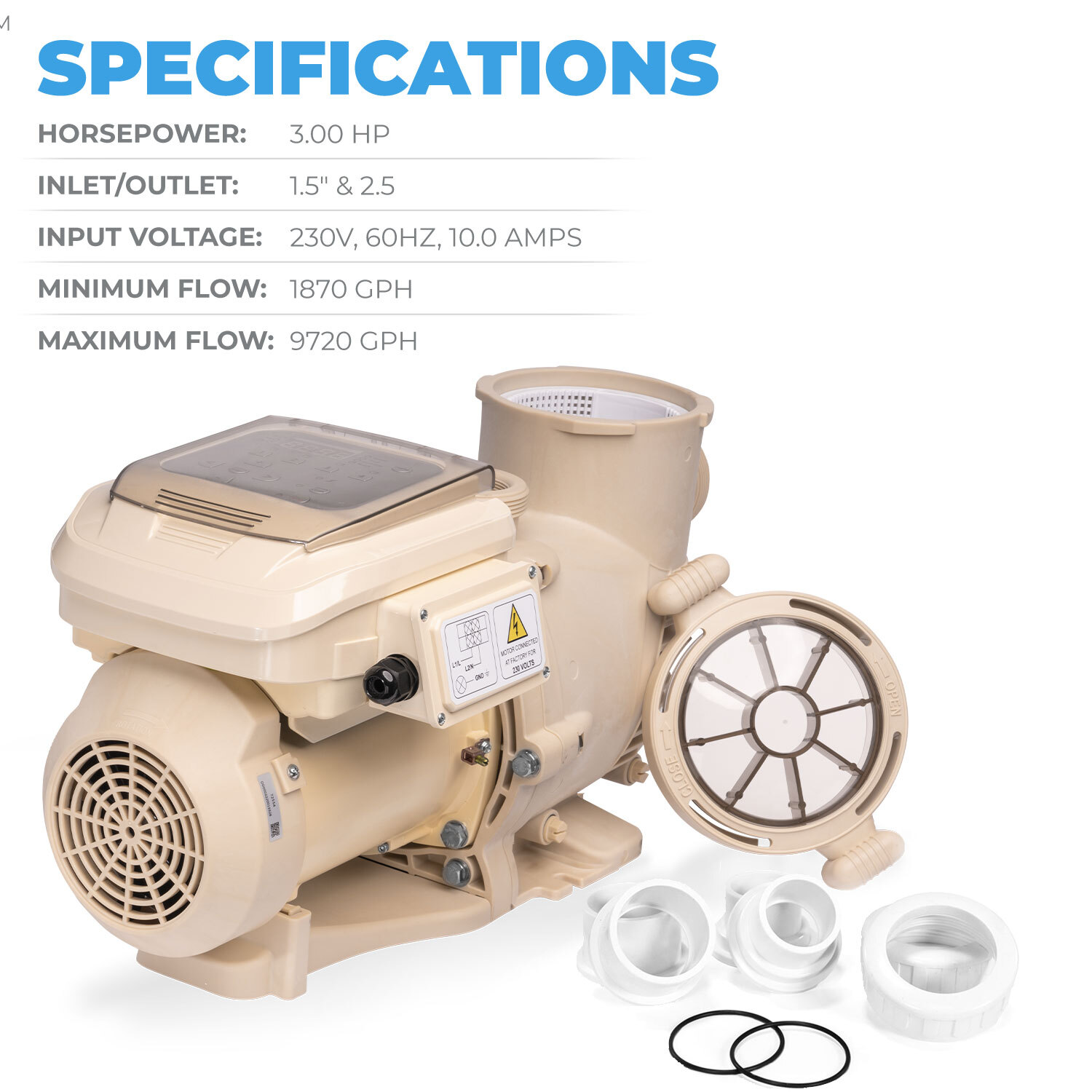 XtremepowerUS 3HP Swimming Pool Pump Variable Speed Inground Pool 1.5/2" Adapter