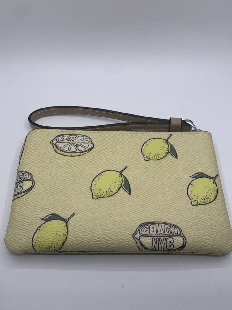 Coach Corner Zip Wristlet Lemon Print CBB80 NWT Silver Hardware