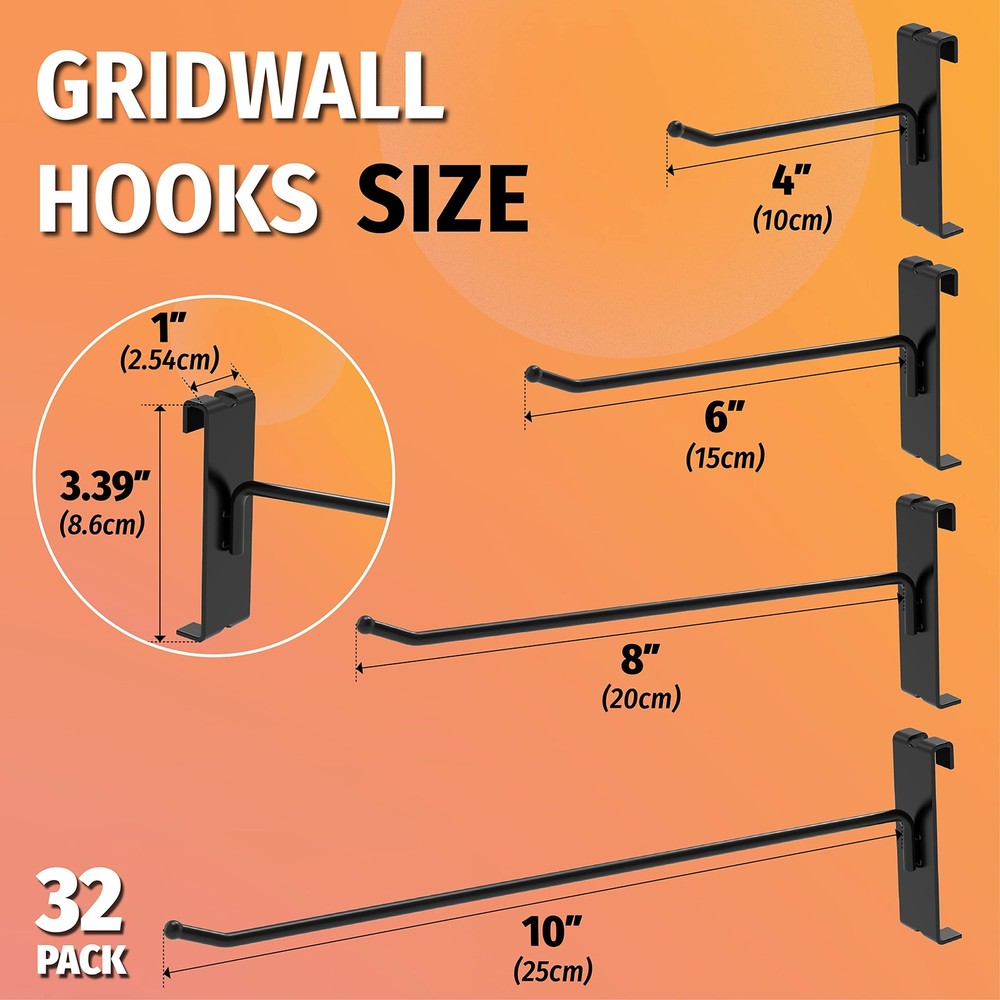 HUHOLE Gridwall Hooks 6 Inch, 32PC Display Hooks for Grid Wall, Hooks for Grid W