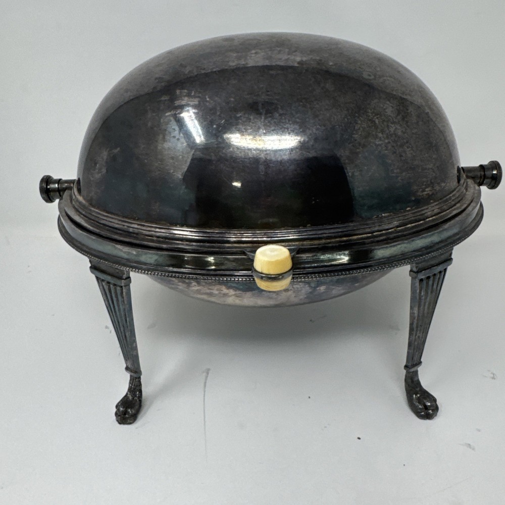 Vintage Silverplate Roll Top Covered Serving Dish Chafing Dual Insert Footed