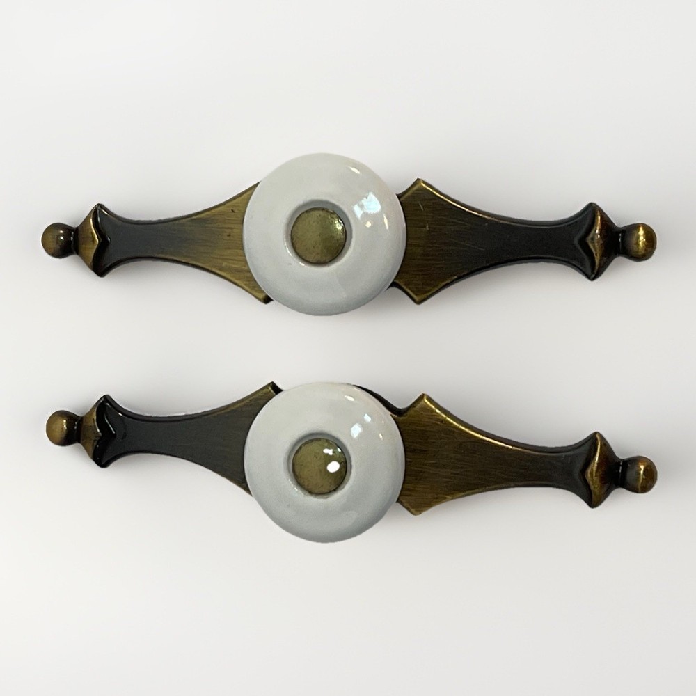 2 Vintage Amerock Porcelain Cabinet Drawer Knobs Pulls Bronze Brass Backplate 5”