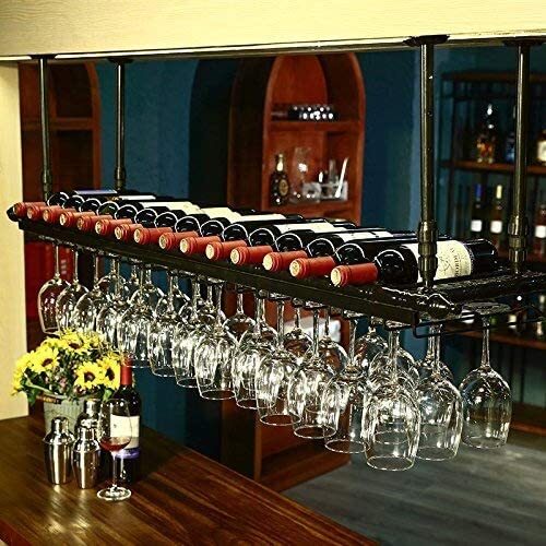 60" Rustic Bar Floating Shelf, Ceiling Mounted Hanging Wine Rack Bottle Holder