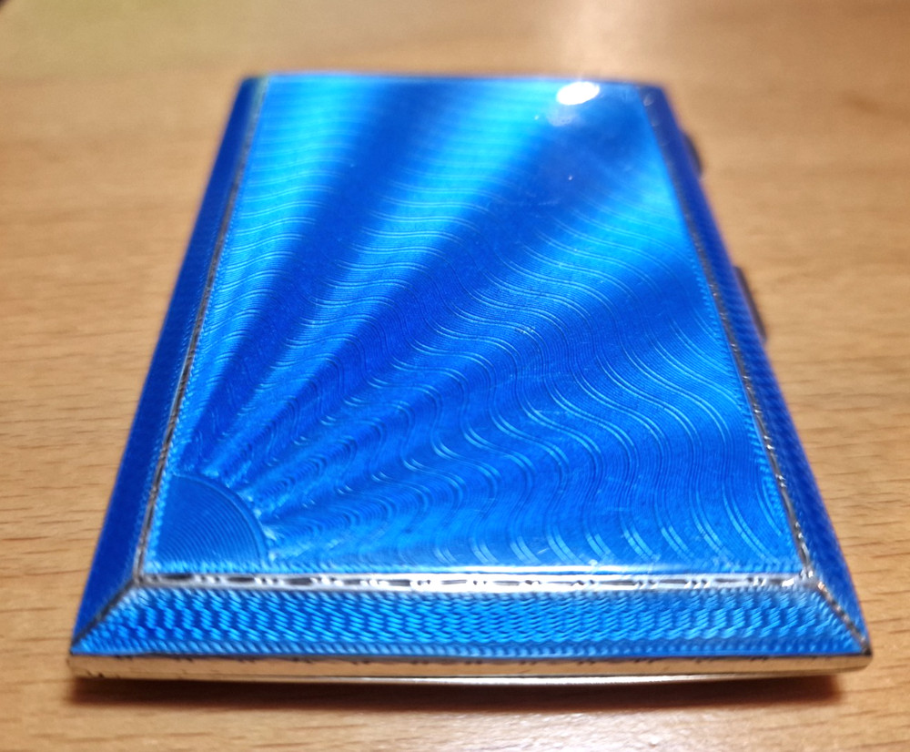 STUNNING BLUE ENAMEL SOLID SILVER CIGARETTE CASE ref 1443