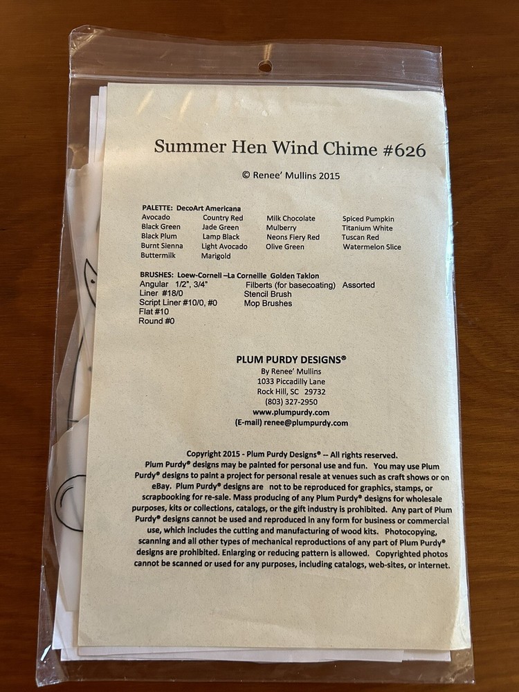 Plum Purdy Designs Summer Hen Wind Chimes #626 Pattern/Instructions 2015