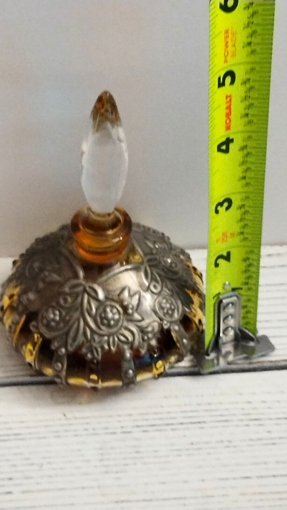 Vintage Solid Overlay Flora Silver Tone Embossed Stopper Perfume Bottle Glass