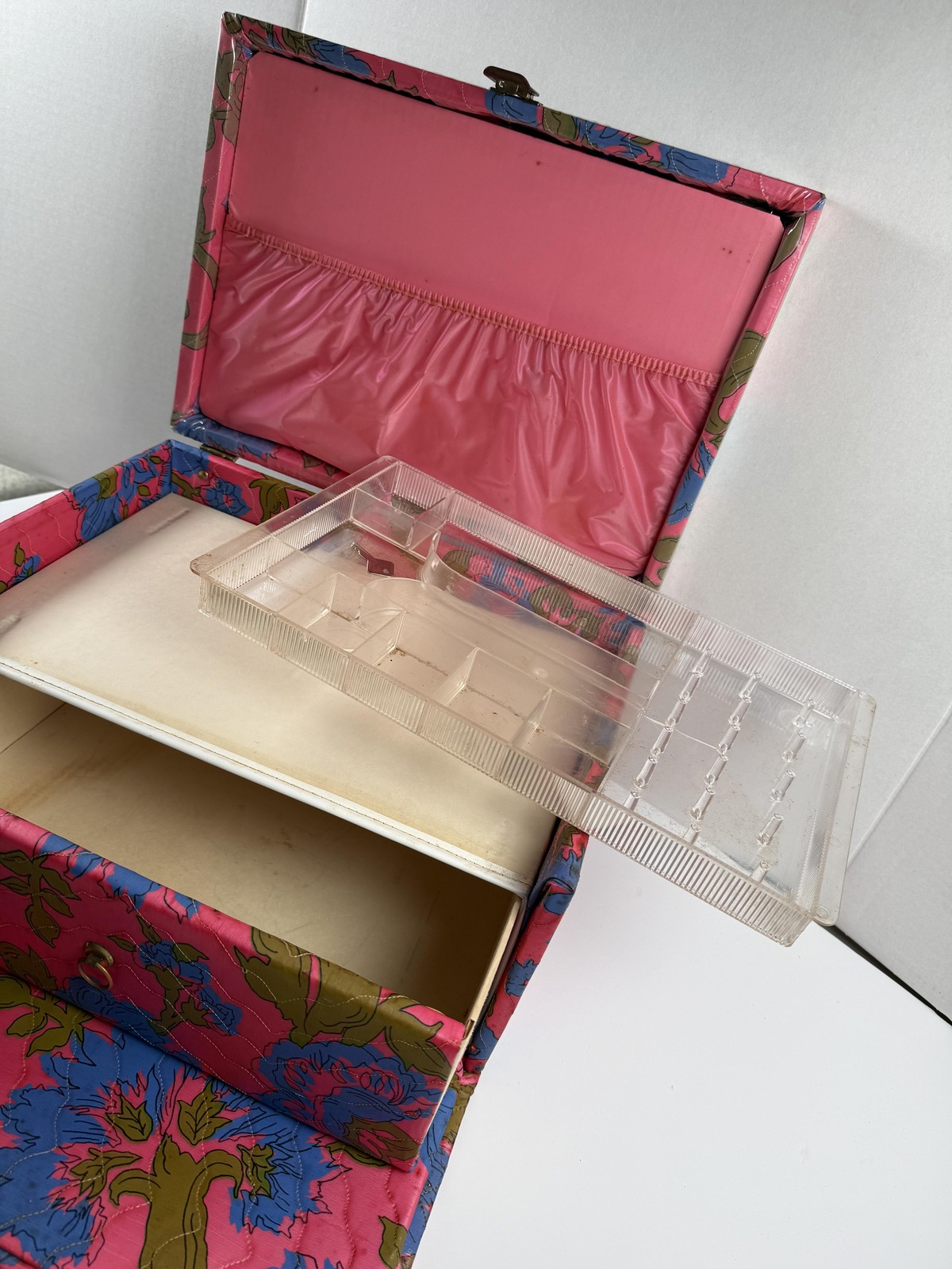 Vintage Sewing Box Kit Pink Floral Portable Sewing Case Box Organizer 60's