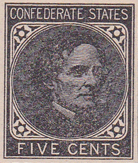 Confederate #6-U-1a Black Ward Print Five Cent Stamp