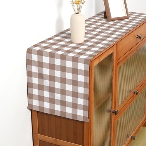 Gingham Table Runner Light Brown and White Checkered Birthday 13" x 72" Khaki