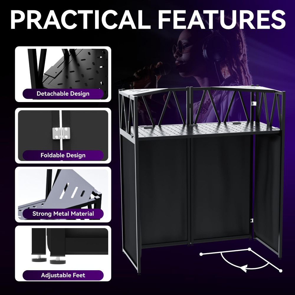 Portable DJ Booth Table,Foldable DJ Table Stand with White & Black Scrim,Adjusta
