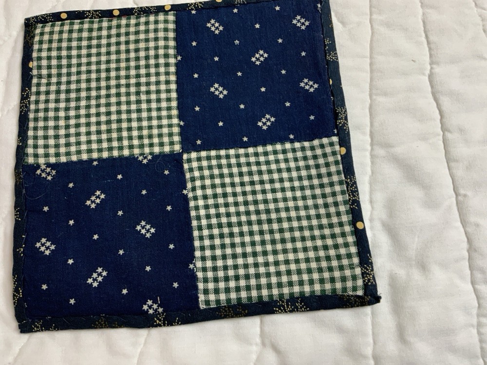 Vintage Patchwork Quilt Table Topper, Early Calicos, Four Patch, Navy, Green