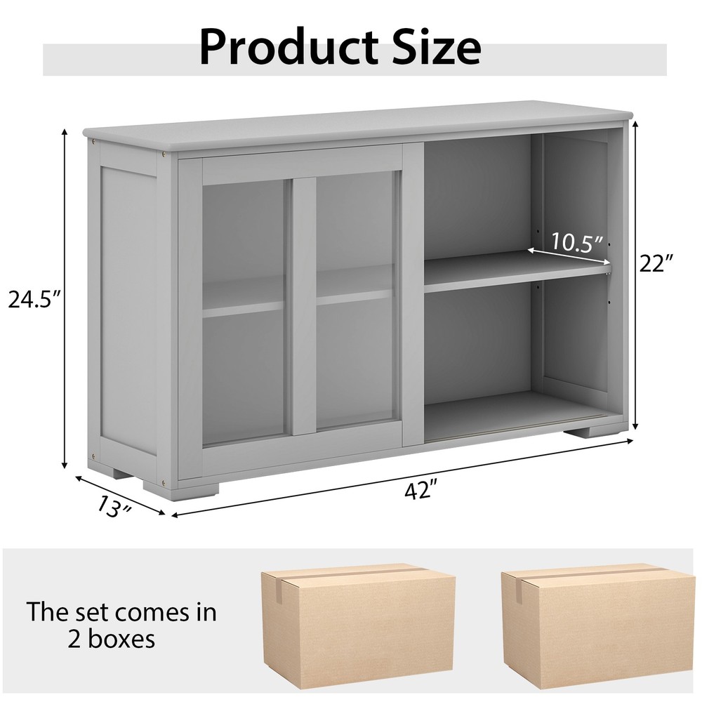 2PCS 2-Door Stackable Buffet Sideboard w/ Sliding Tempered Glass Doors Gray