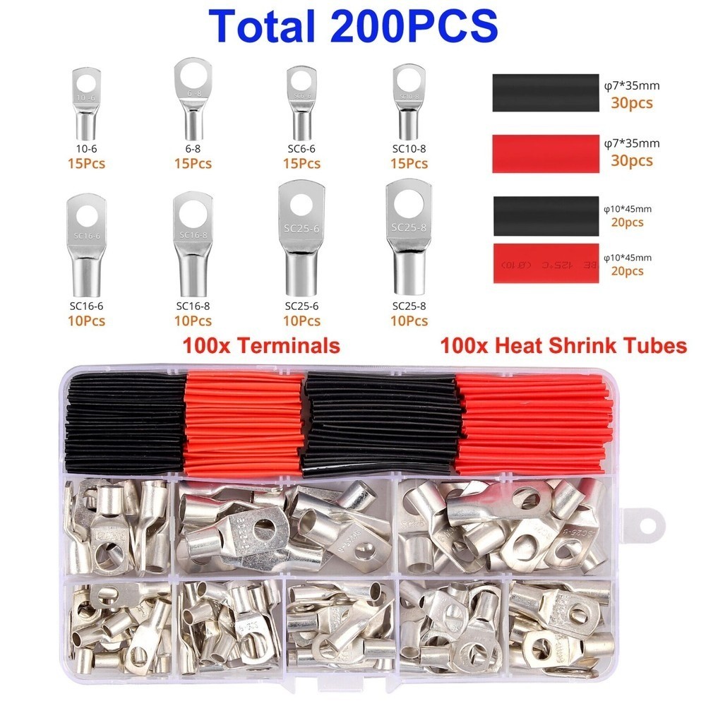 200Pcs Assorted Copper Ring Lugs Terminal Wire Bare Cable Crimp Connectors Kit