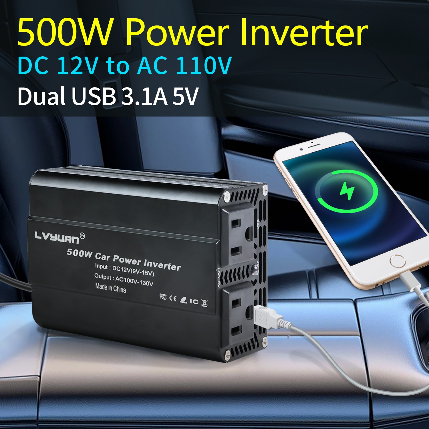 500W Power Inverter DC 12V to 110V AC Car Plug Adapter Outlet Converter for Car