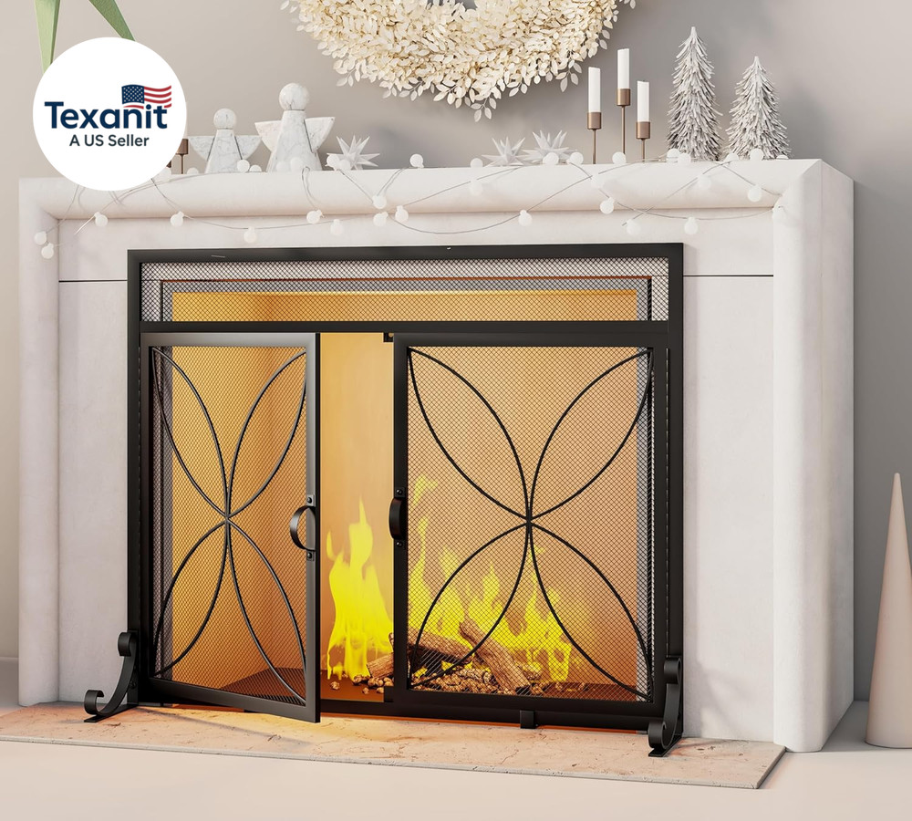Fireplace Screen with Magnetic Doors,Handcrafted Wrought Iron Classical Scroll D