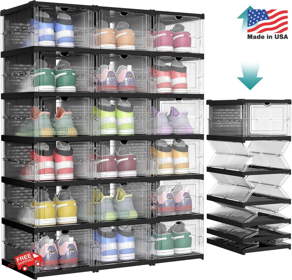 Songmics Foldable Shoe Boxes 18-Pack Stackable Storage Organizer with Clear Door