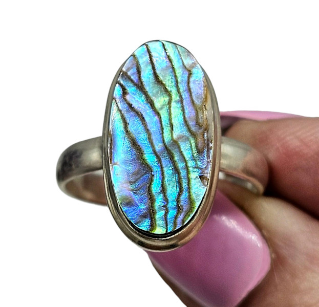 Statement Paua Shell Ring, Size 11, Sterling Silver, Long Oval Shape, Blue Green