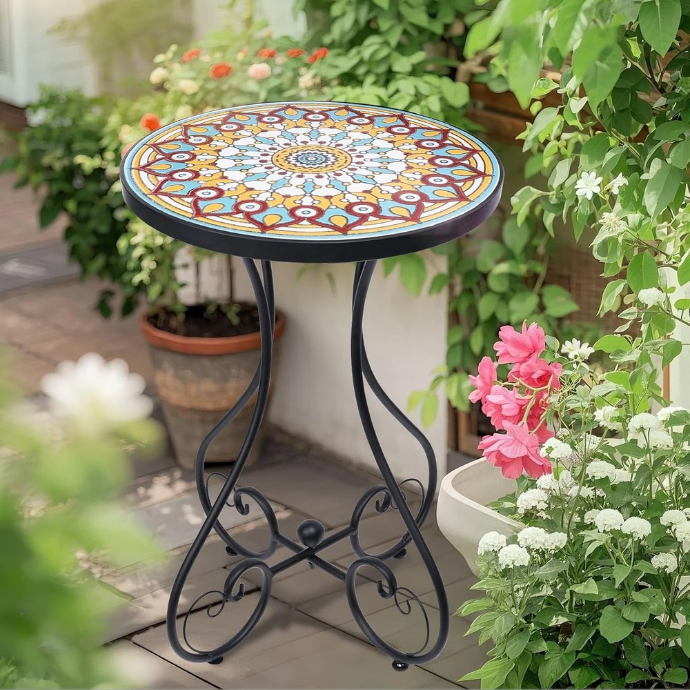 Mosaic Outdoor Side Table, Round Rustproof Patio Table with 14" Ceramic Tile Top