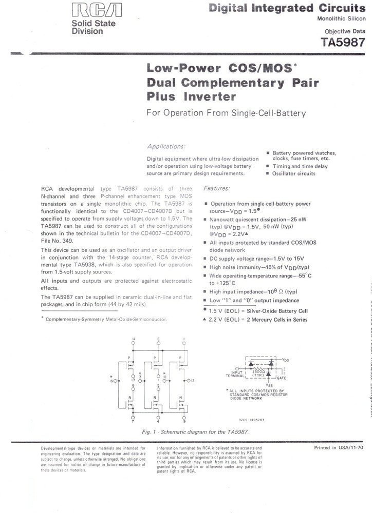 RCA Digital Integrated Circuits TA5987 Low Power COS/MOS Dual Complementary Pair