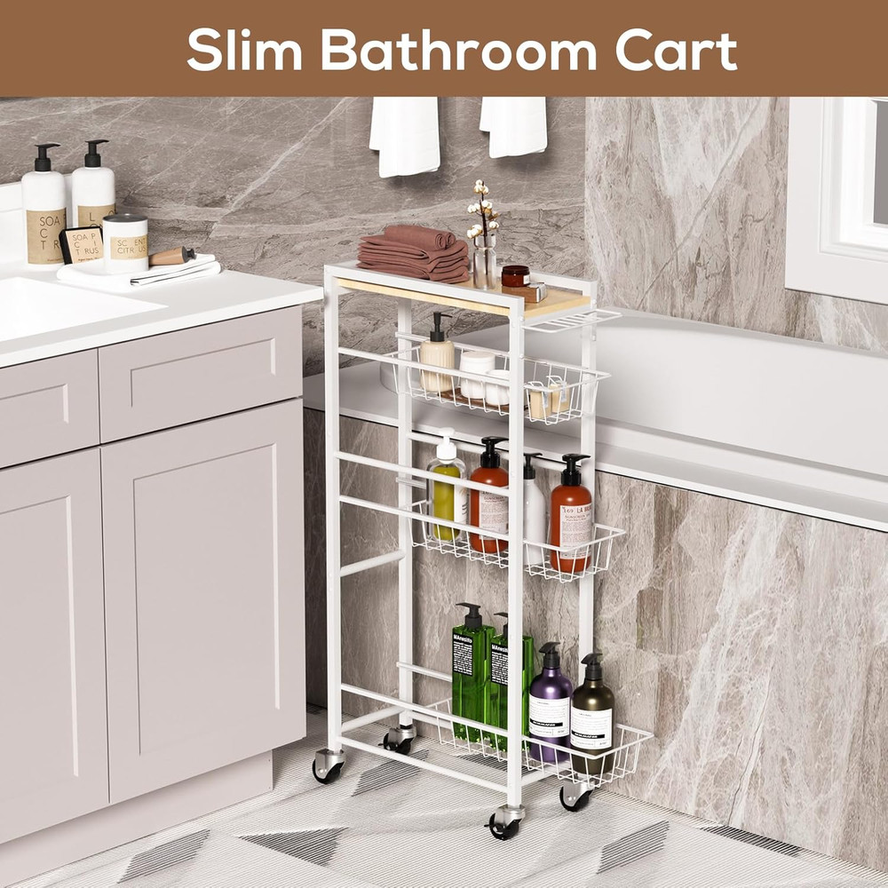 Slim 4-Tier Rolling Storage Cart with Pull-Out Baskets for Kitchen & Laundry