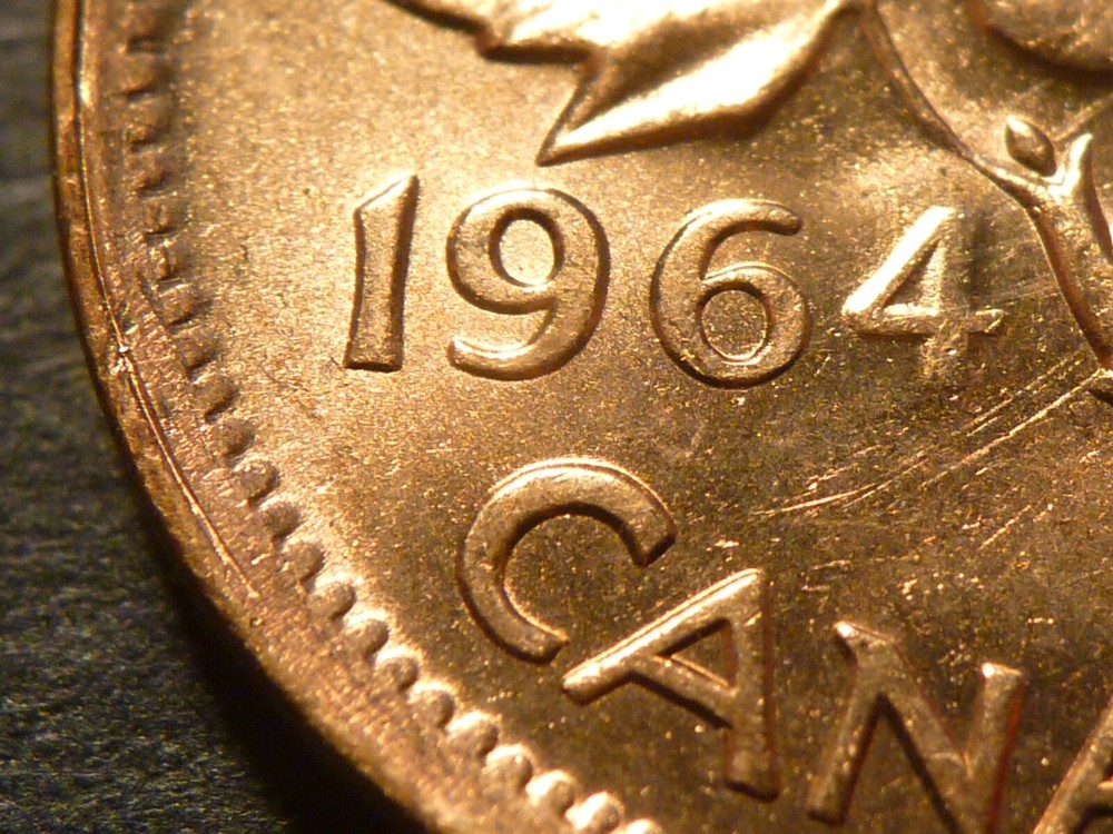 Misaligned reverse die - Canada 1964 BU 1-cent, from mint bag