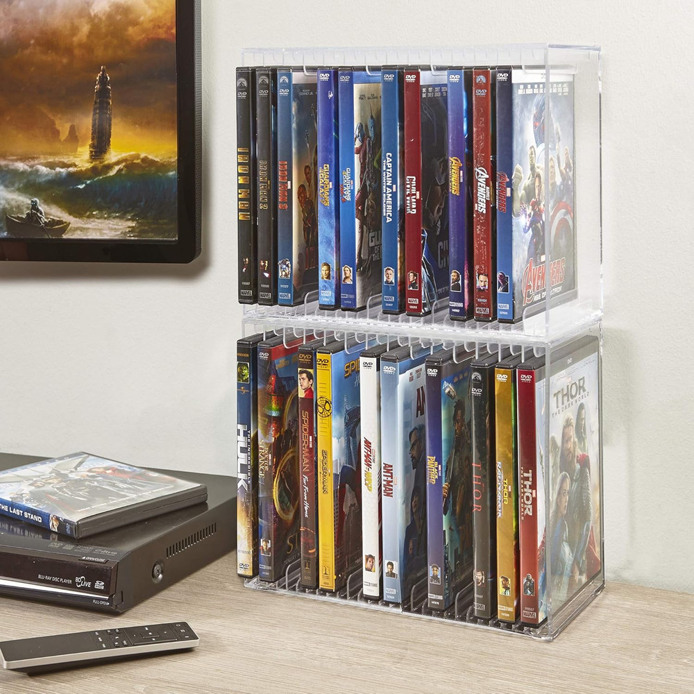 Stackable Clear Plastic DVD Organizer with Rubber Feet | Rectangular Holder Perf