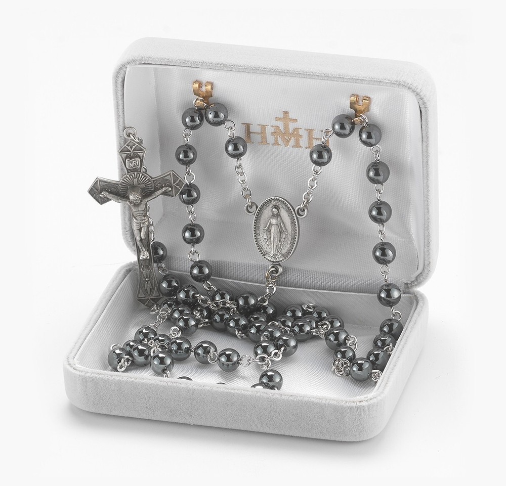 6mm Hematite Round Bead Rosary with  Pewter, 24", US Made, Gift Box