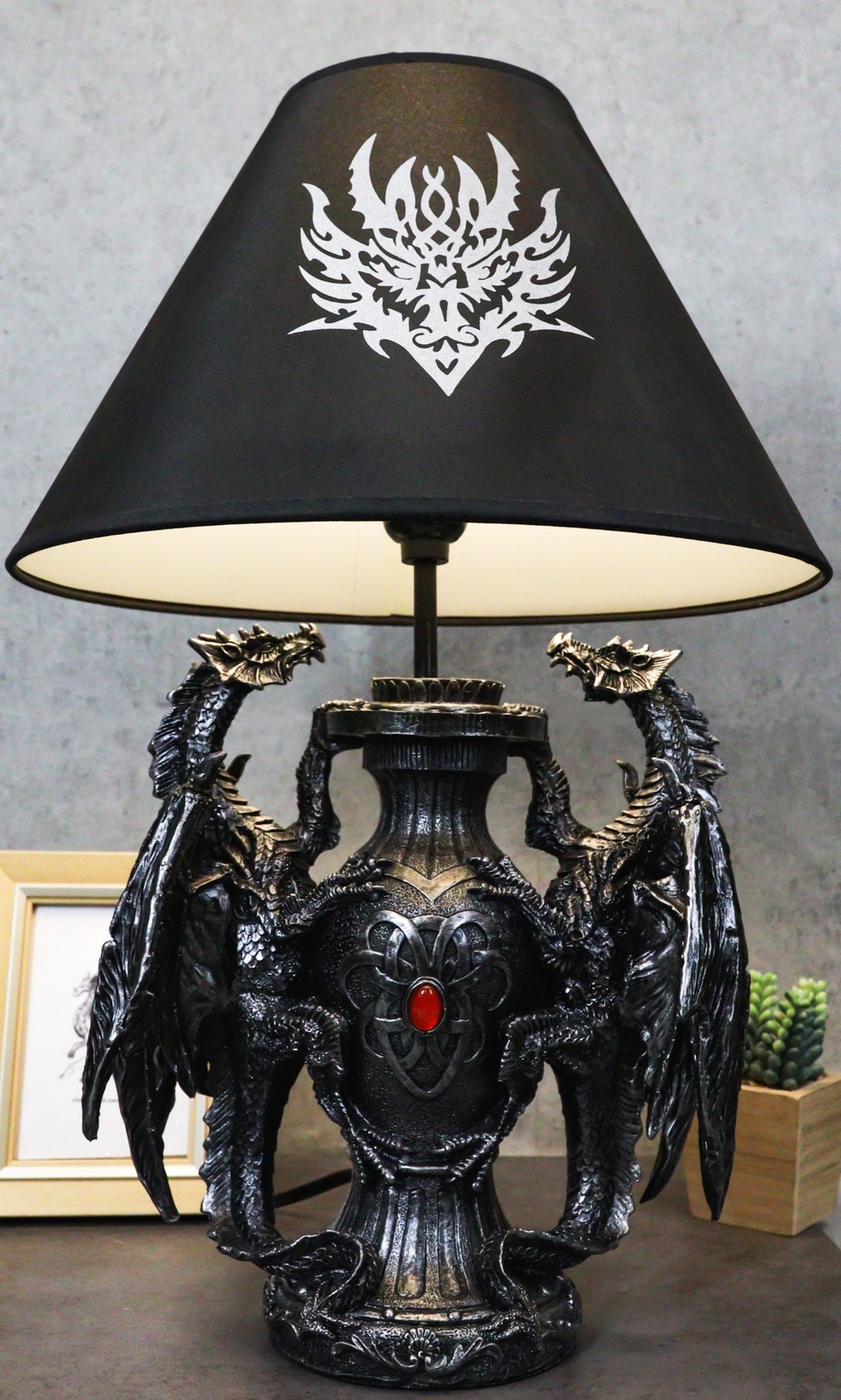 Ebros Gothic Climbing Dual Dragon Desktop Table Lamp Statue Decor & Shade 19"H