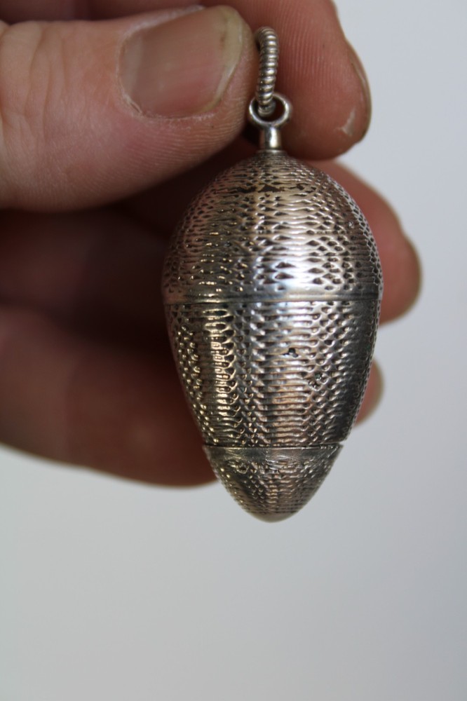 Antique Egg Sterling Silver Chatelaine Thimble Holder & Thimble / Pomander ?