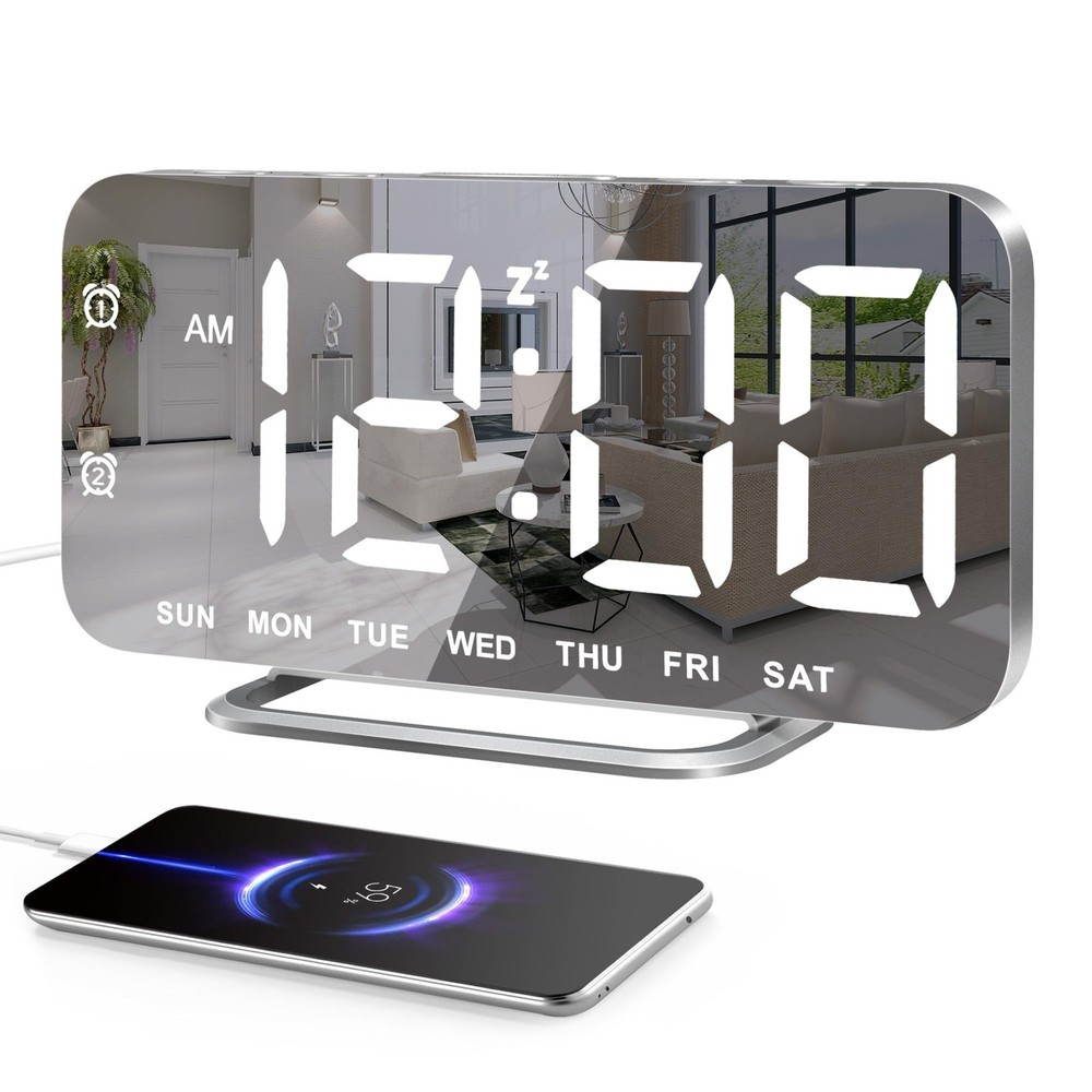 Slim LED Digital Alarm Clock, Mirror Surface for Makeup, with Diming, Large D...