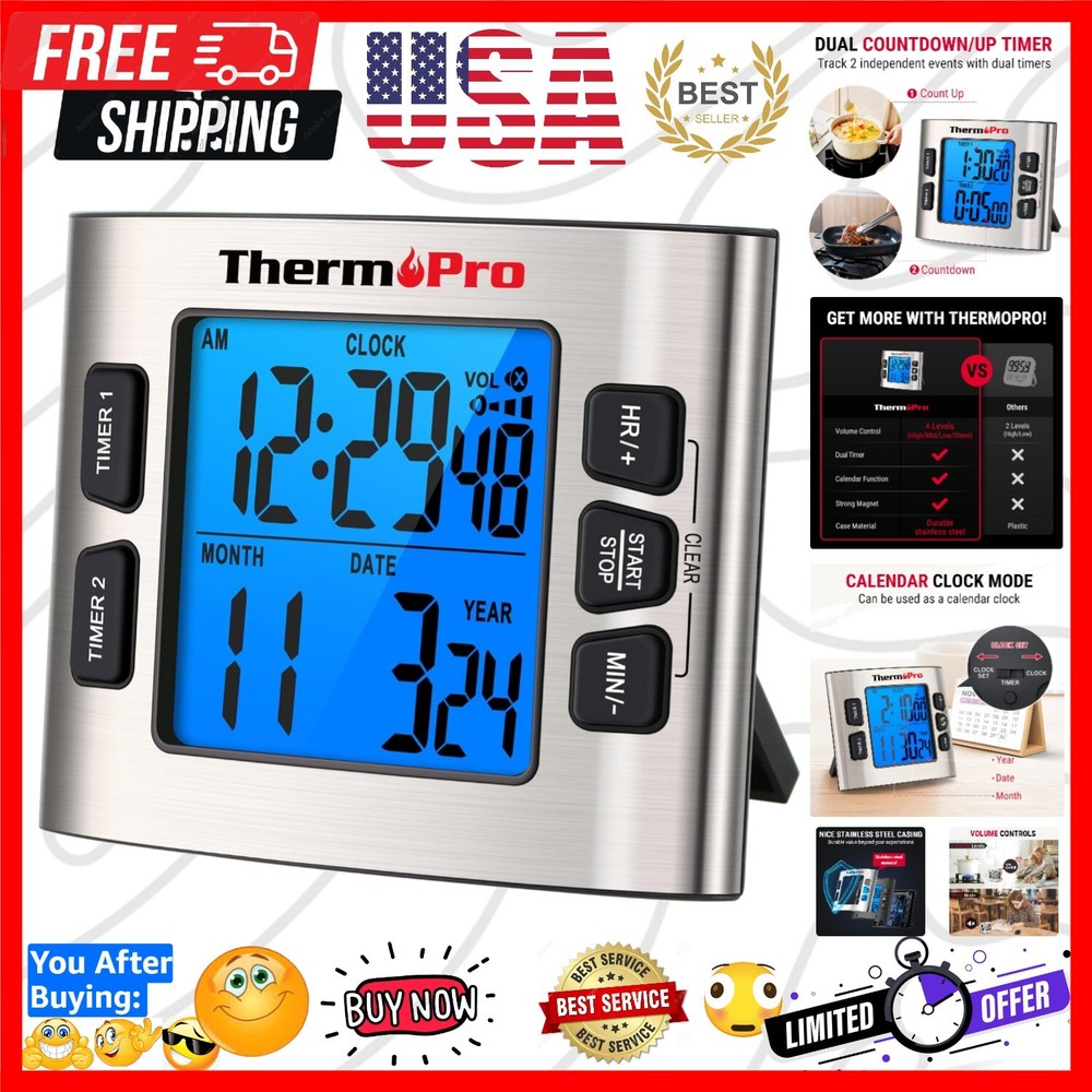 Versatile TM02 Digital Timer - Cooking, Classroom, & Stopwatch with Backlit LCD
