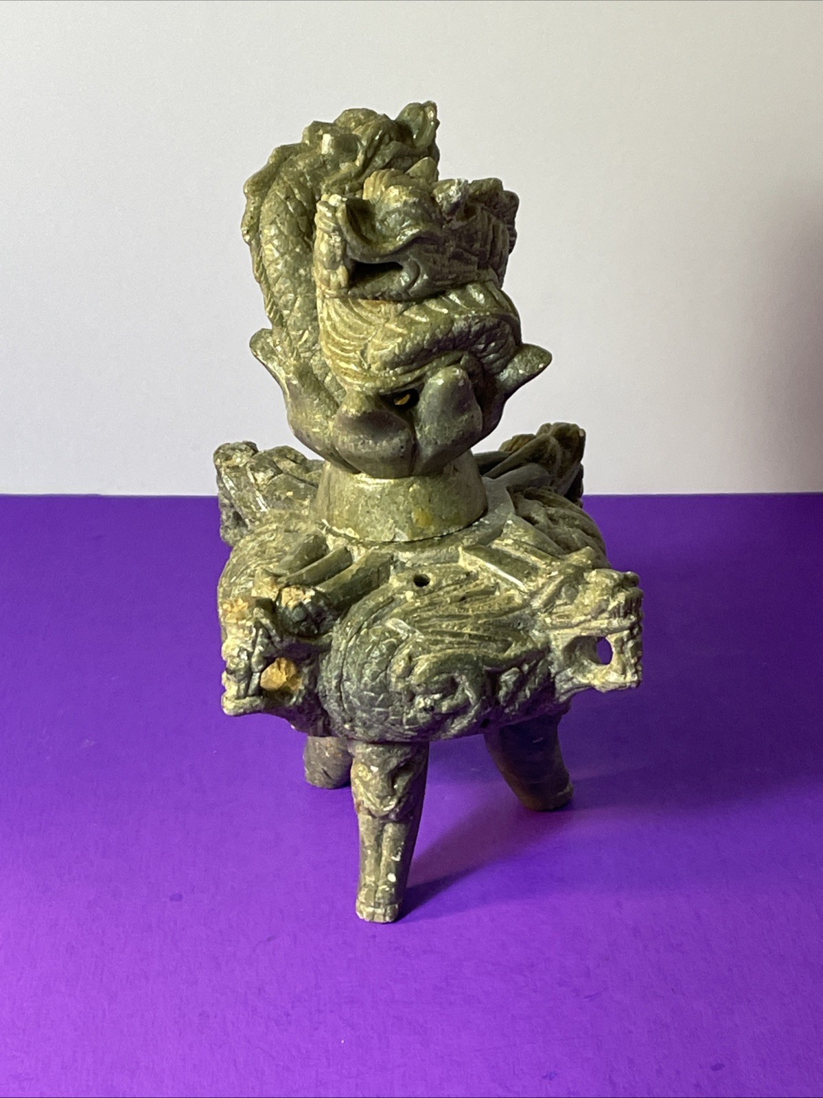 Chinese Stone TRIPOD Jar Lidded Dragon Lion Carved Two Piece Incense Burner