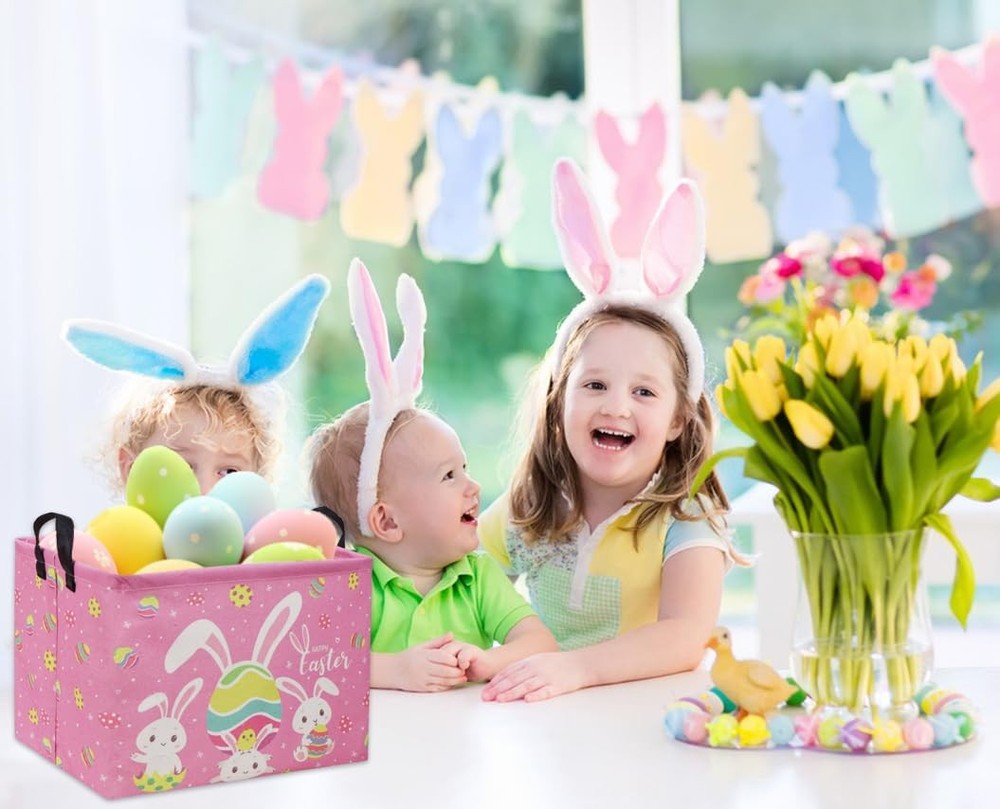 DDBASKET Rectangular Easter Baskets Gift Basket Empty Pink Bunny Kids Storage...