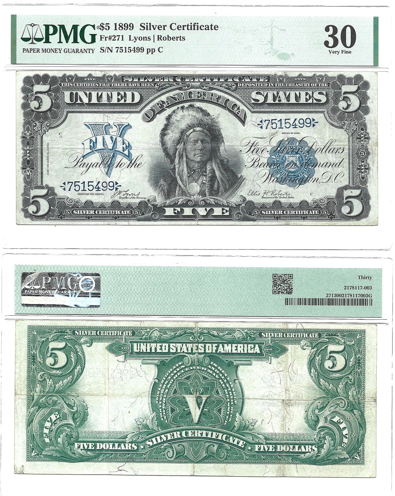 1899 $5 Silver Certificate Fr-271 PMG VF-30