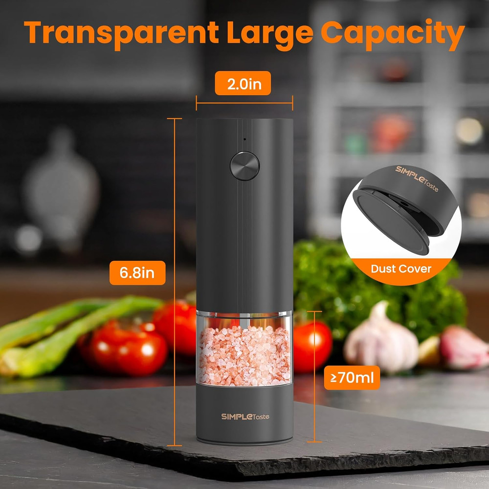 Electric Salt Pepper Grinder Set Rechargeable LED Adjustable Black