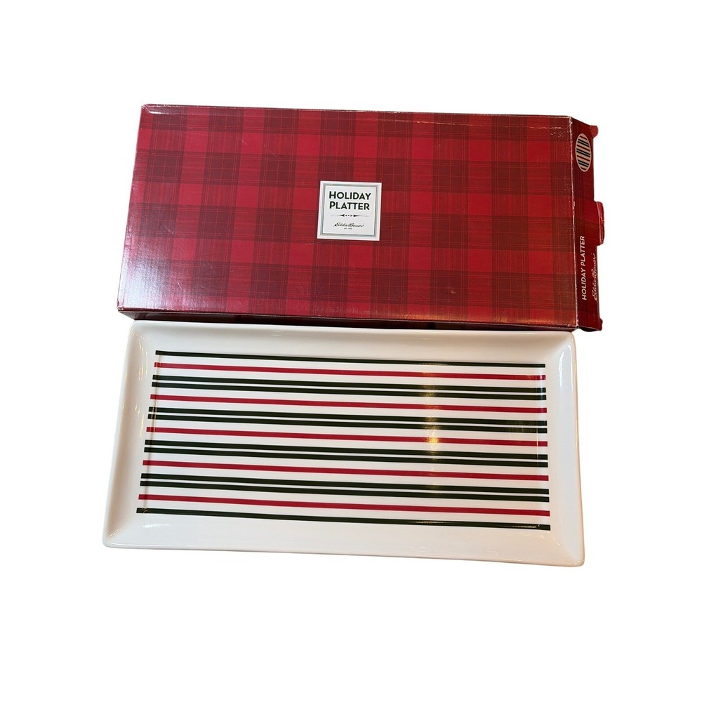 Eddie Bauer Holiday Platter Rectangular Ceramic Serving Tray Striped New in Box