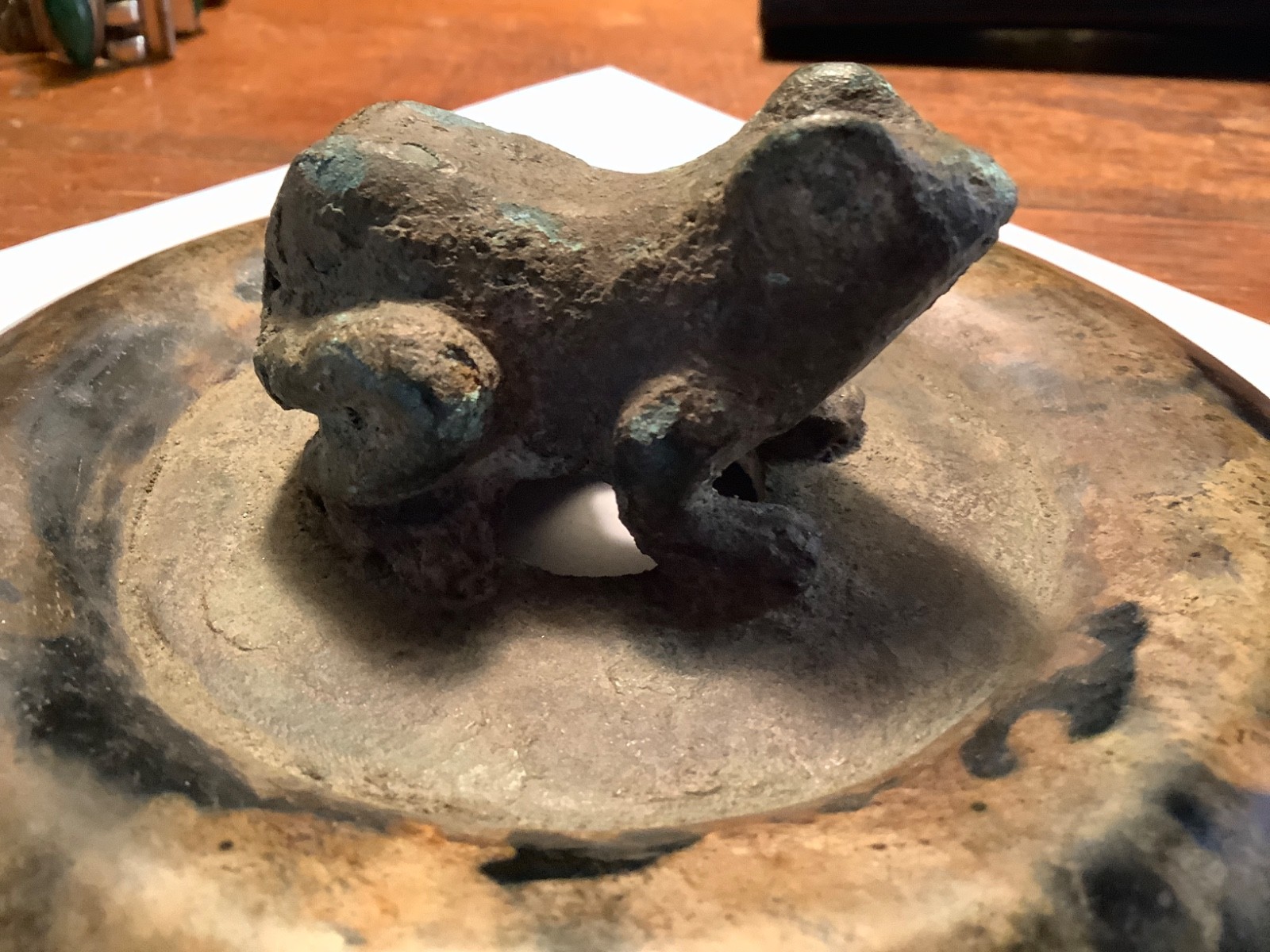 VERY OLD MING ? CHINESE ARTIFACT INCENSE CENSER LID BRONZE FROG JASPER STONE BI