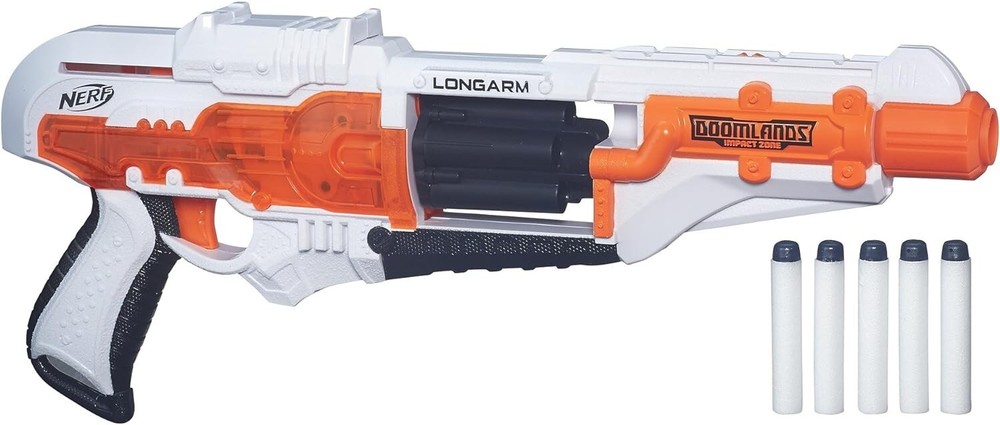 NERF DOOMLANDS IMPACT ZONE LONGARM BLASTER W/ ROTATING DRUM *DISTRESSED PKG