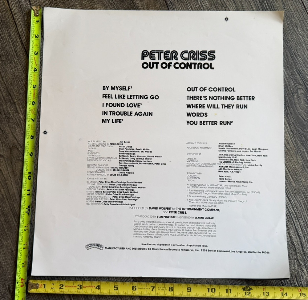 KISS Vinyl Album Back Cover Proof PETER CRISS Out Of Control Vintage Kiss Aucoin