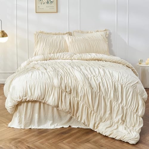 Comforter Set - Ruched Comforter Size Bed Set Boho Shabby Chic Queen Wheat