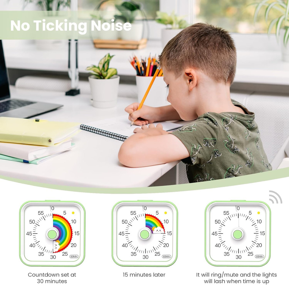 Visual Timer for Kids with Pause Function, Cute Silent Timer with Rainbow for Cl