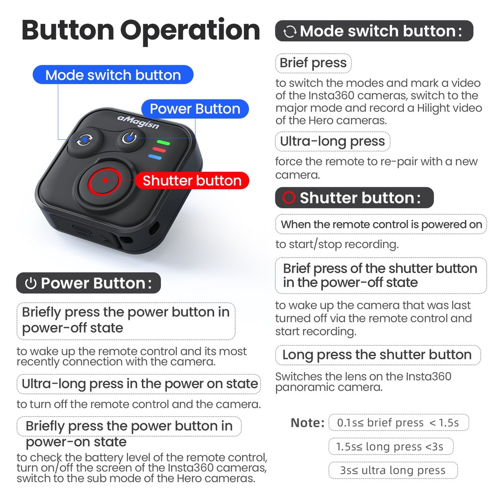 50M Range Bluetooth Remote Control Accessories For Insta360 X5/X4/X3/Ace (Pro)